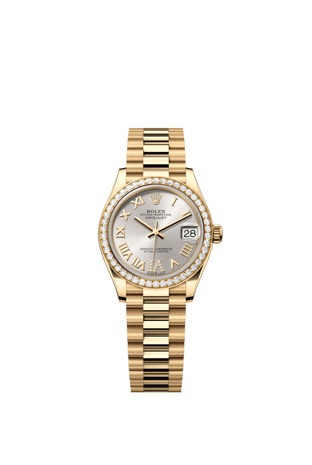 Rolex Datejust 31, Oyster, 31 mm, yellow gold and diamonds, silver set with diamonds dial