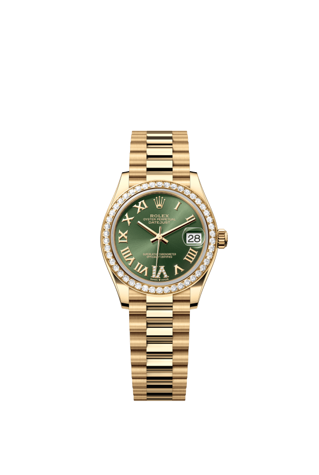 Rolex Datejust 31, Oyster, 31 mm, yellow gold and diamonds, olive green set with diamonds dial