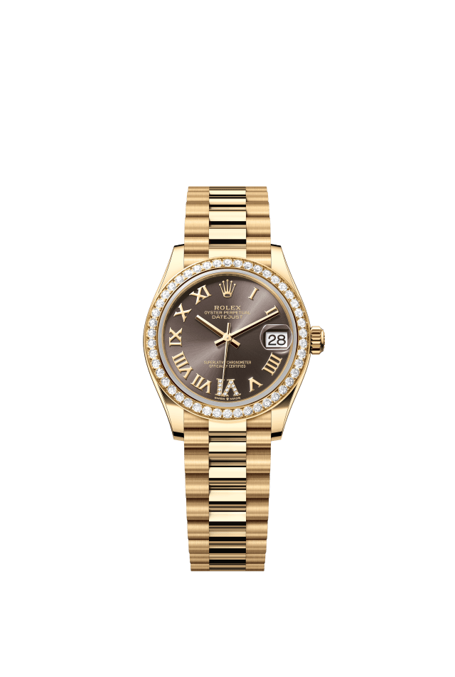 Rolex Datejust 31, Oyster, 31 mm, yellow gold and diamonds, dark grey set with diamonds dial