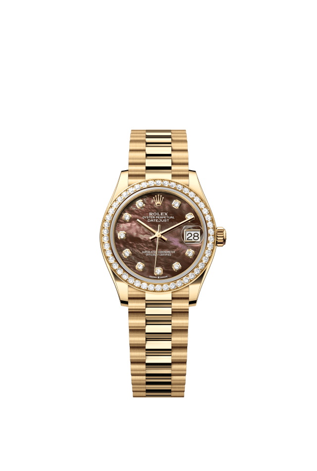 Rolex Datejust 31, Oyster, 31 mm, yellow gold and diamonds, black mother-of-pearl set with diamonds dial