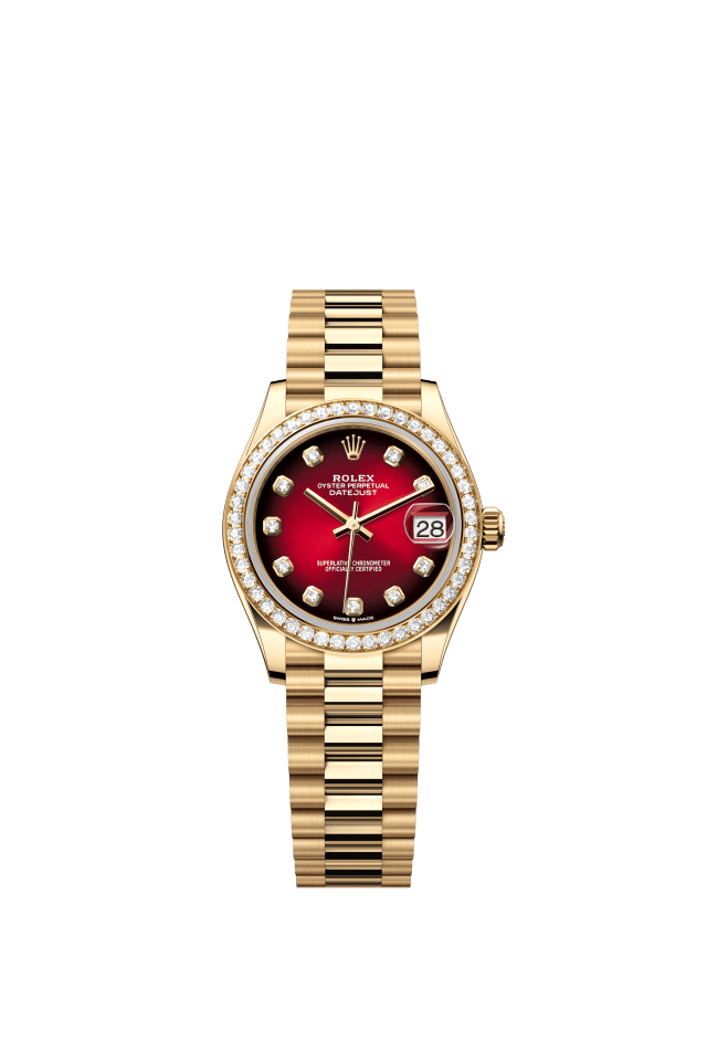 Rolex Datejust 31, Oyster, 31 mm, yellow gold and diamonds, red ombré set with diamonds dial