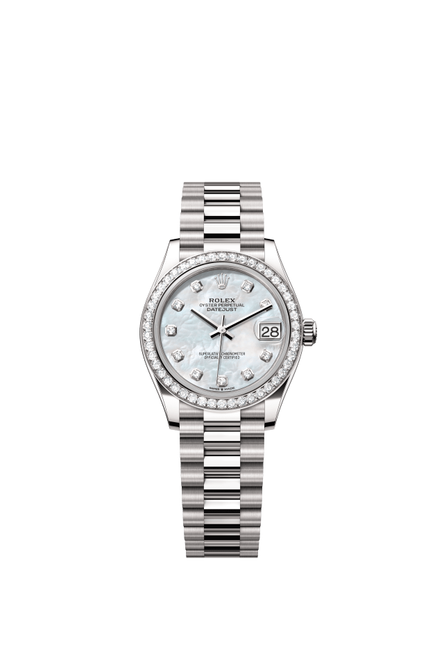 Rolex Datejust 31, Oyster, 31 mm, white gold and diamonds, white mother-of-pearl set with diamonds dial