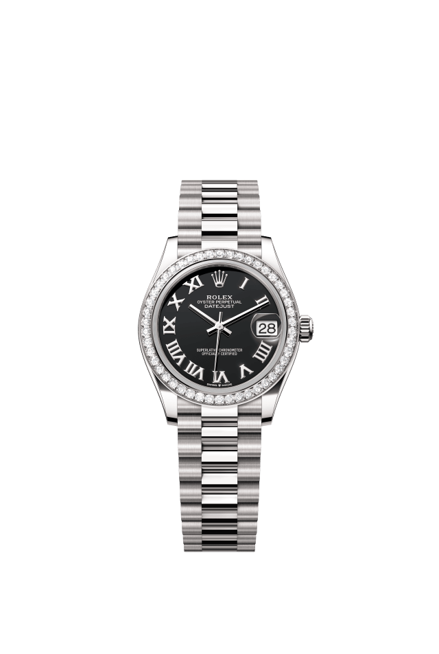 Rolex Datejust 31, Oyster, 31 mm, white gold and diamonds, bright black dial