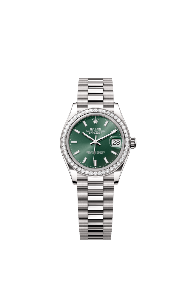 Rolex Datejust 31, Oyster, 31 mm, white gold and diamonds, mint green dial