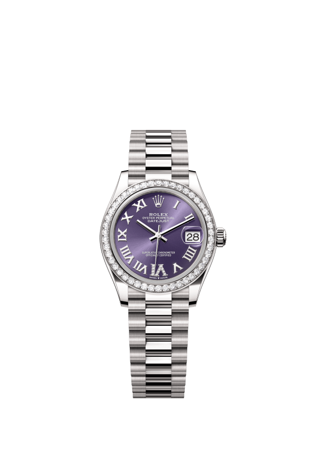 Rolex Datejust 31, Oyster, 31 mm, white gold and diamonds, aubergine set with diamonds dial