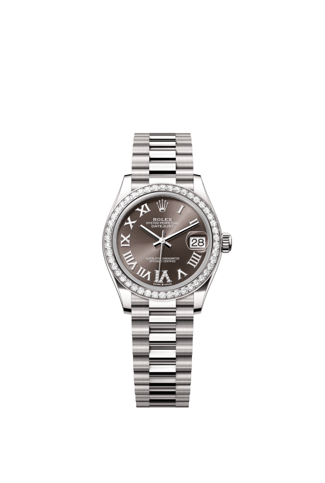 Rolex Datejust 31, Oyster, 31 mm, white gold and diamonds, dark grey set with diamonds dial
