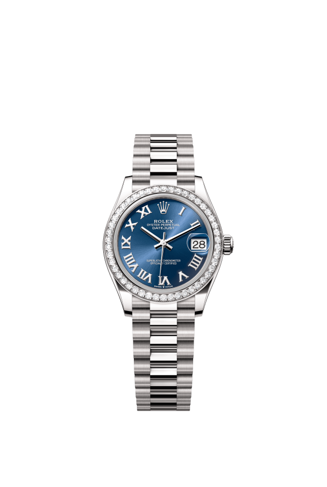 Rolex Datejust 31, Oyster, 31 mm, white gold and diamonds, bright blue dial