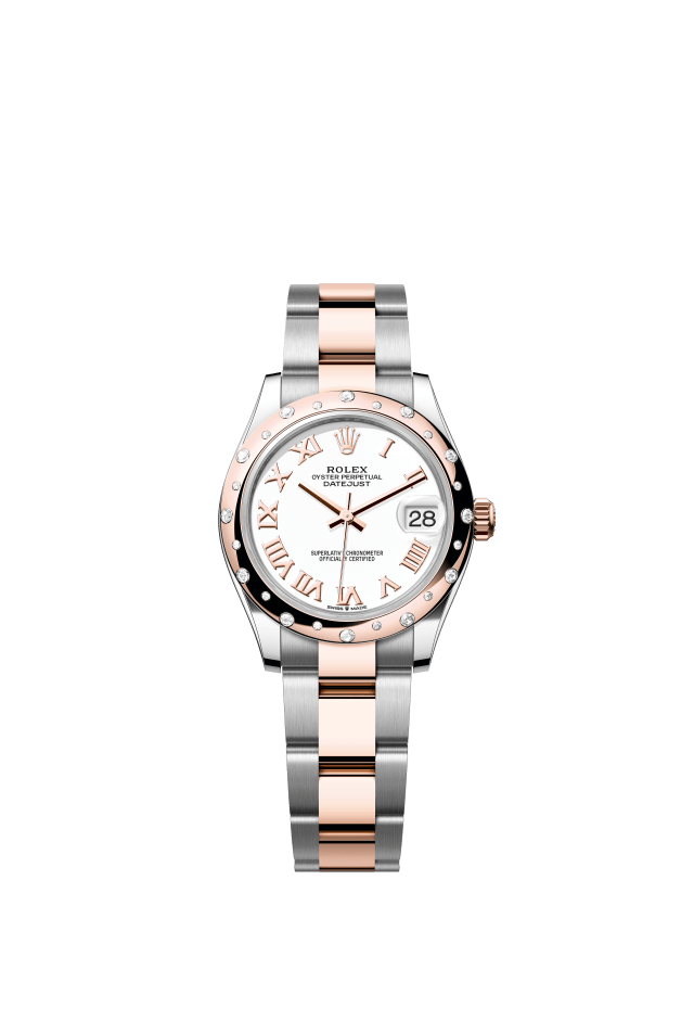 Rolex Datejust 31, Oyster, 31 mm, Oystersteel, Everose gold and diamonds, white dial