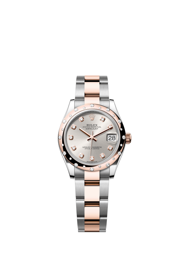 Rolex Datejust 31, Oyster, 31 mm, Oystersteel, Everose gold and diamonds, silver set with diamonds dial