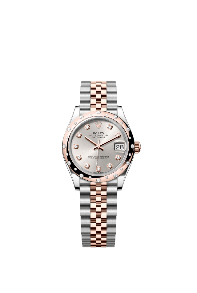 Rolex Datejust 31, Oyster, 31 mm, Oystersteel, Everose gold and diamonds, silver set with diamonds dial