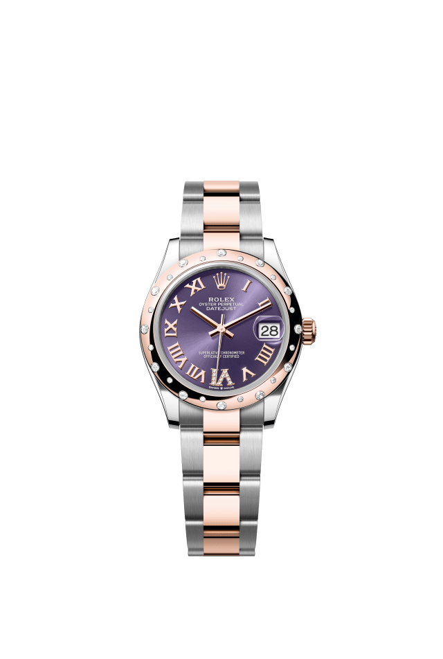 Rolex Datejust 31, Oyster, 31 mm, Oystersteel, Everose gold and diamonds, aubergine set with diamonds dial