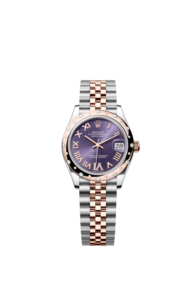 Rolex Datejust 31, Oyster, 31 mm, Oystersteel, Everose gold and diamonds, aubergine set with diamonds dial