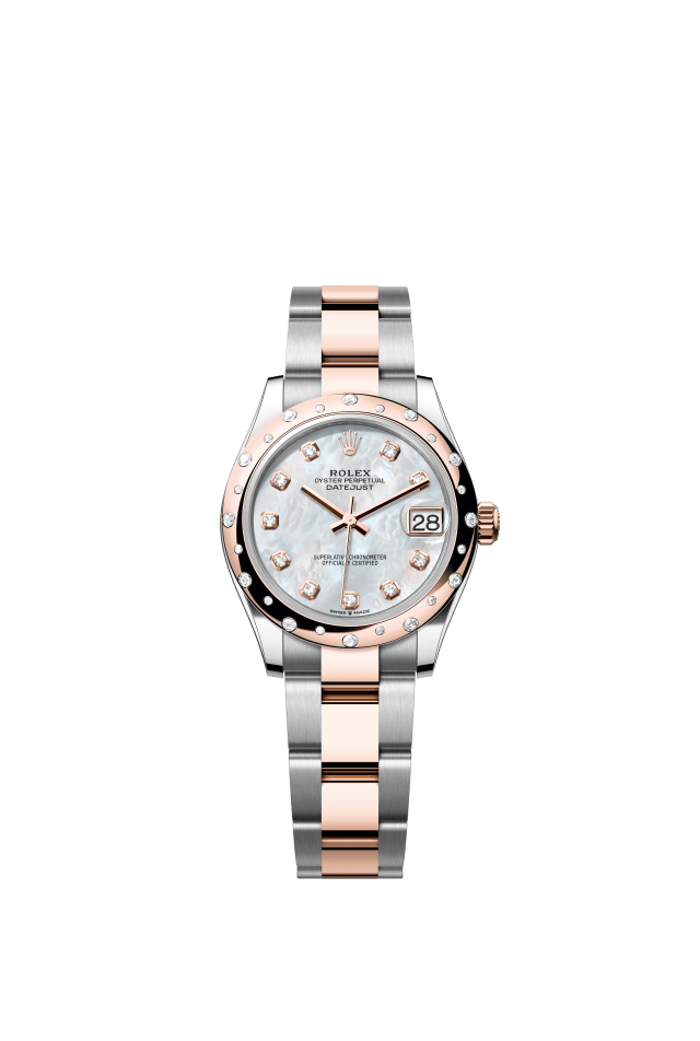 Rolex Datejust 31, Oyster, 31 mm, Oystersteel, Everose gold and diamonds, white mother-of-pearl set with diamonds dial