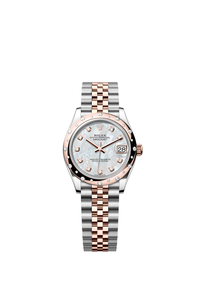 Rolex Datejust 31, Oyster, 31 mm, Oystersteel, Everose gold and diamonds, white mother-of-pearl set with diamonds dial