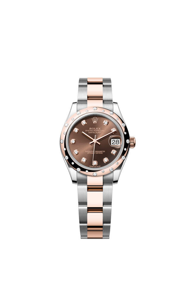 Rolex Datejust 31, Oyster, 31 mm, Oystersteel, Everose gold and diamonds, chocolate set with diamonds dial