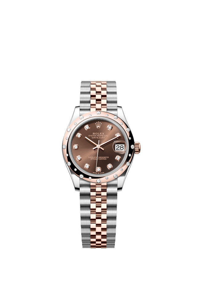 Rolex Datejust 31, Oyster, 31 mm, Oystersteel, Everose gold and diamonds, chocolate set with diamonds dial