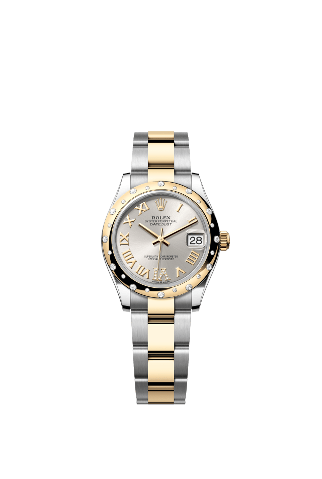 Rolex Datejust 31, Oyster, 31 mm, Oystersteel, yellow gold and diamonds, silver set with diamonds dial