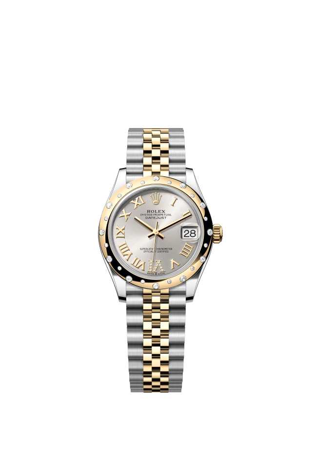 Rolex Datejust 31, Oyster, 31 mm, Oystersteel, yellow gold and diamonds, silver set with diamonds dial