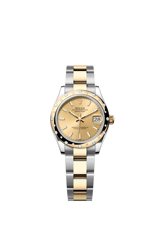 Rolex Datejust 31, Oyster, 31 mm, Oystersteel, yellow gold and diamonds, champagne-colour dial