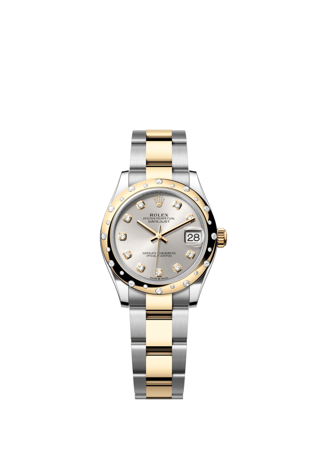 Rolex Datejust 31, Oyster, 31 mm, Oystersteel, yellow gold and diamonds, silver set with diamonds dial