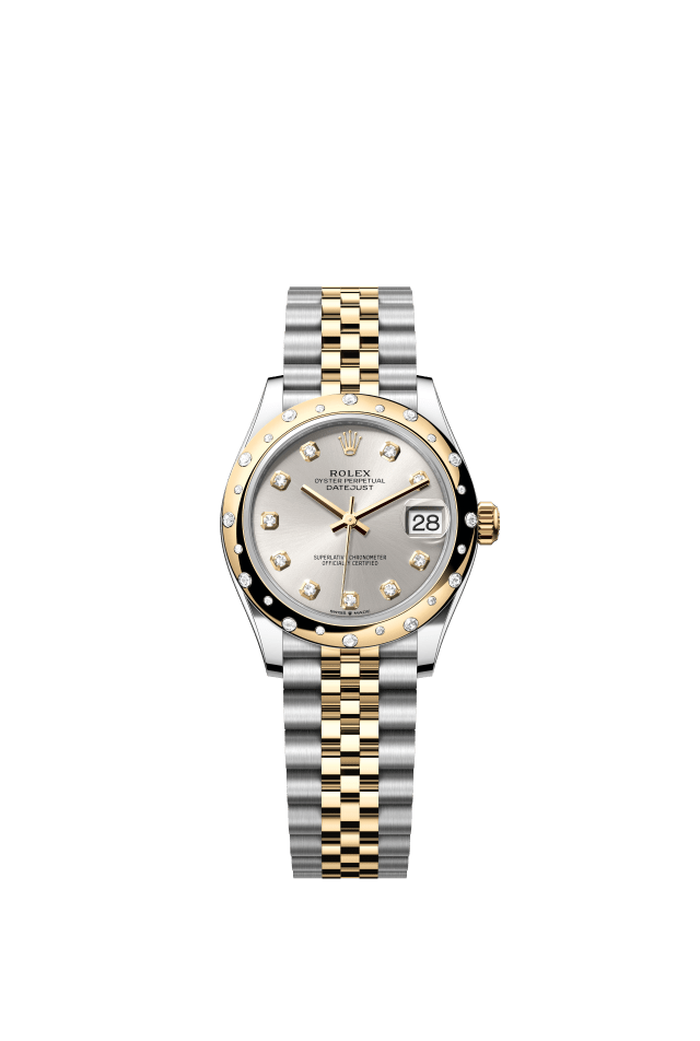 Rolex Datejust 31, Oyster, 31 mm, Oystersteel, yellow gold and diamonds, silver set with diamonds dial