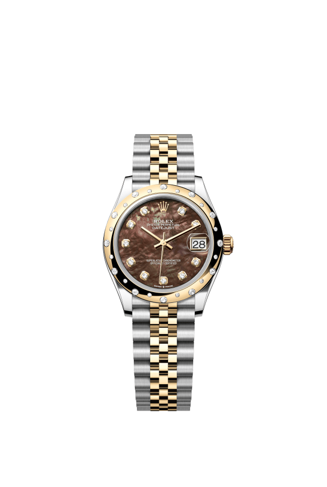 Rolex Datejust 31, Oyster, 31 mm, Oystersteel, yellow gold and diamonds, black mother-of-pearl set with diamonds dial