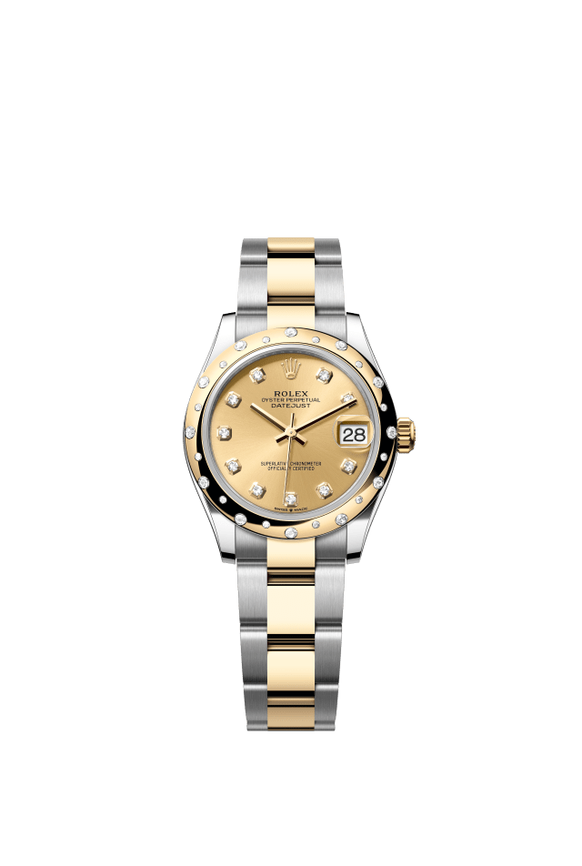 Rolex Datejust 31, Oyster, 31 mm, Oystersteel, yellow gold and diamonds, champagne-colour set with diamonds dial