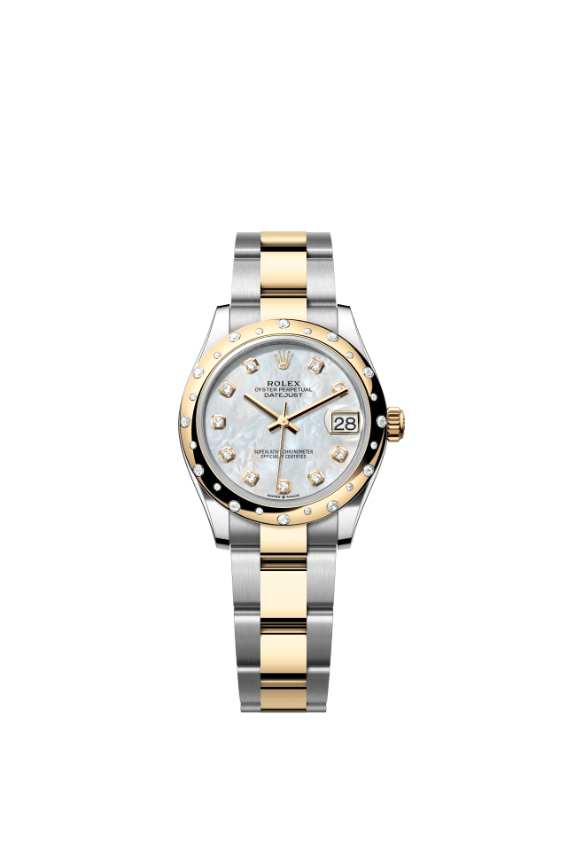 Rolex Datejust 31, Oyster, 31 mm, Oystersteel, yellow gold and diamonds, white mother-of-pearl set with diamonds dial