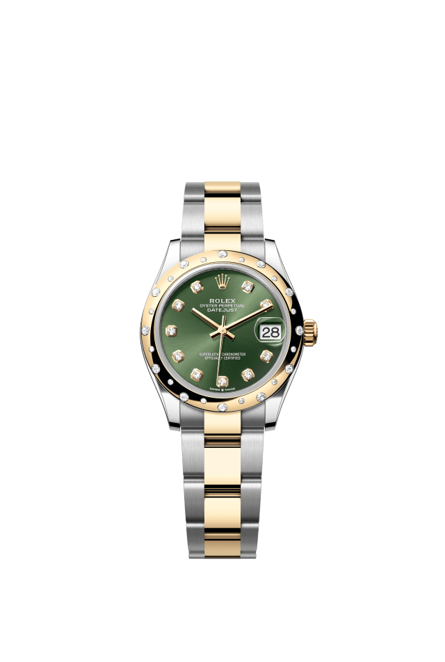 Rolex Datejust 31, Oyster, 31 mm, Oystersteel, yellow gold and diamonds, olive green set with diamonds dial