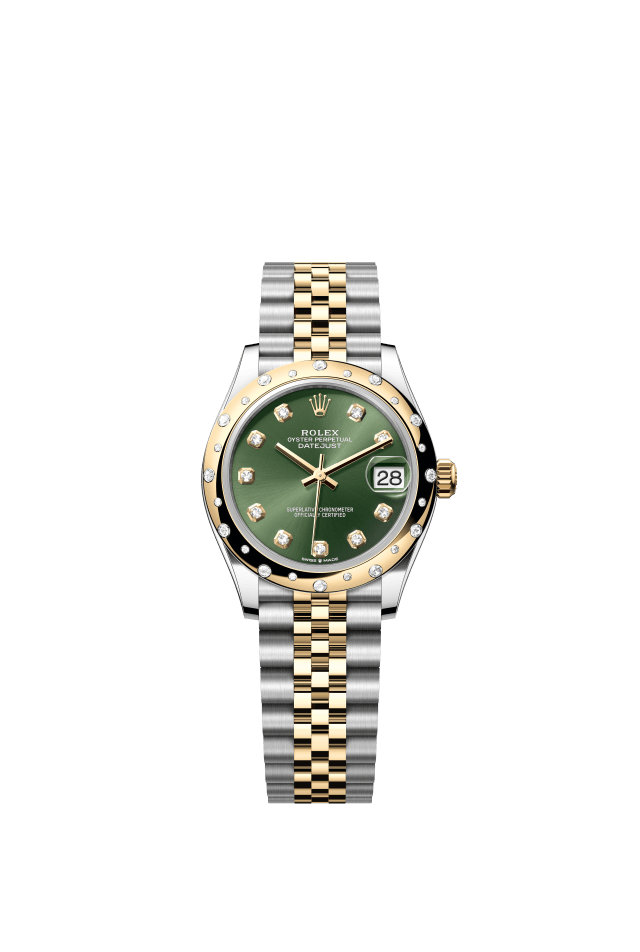 Rolex Datejust 31, Oyster, 31 mm, Oystersteel, yellow gold and diamonds, olive green set with diamonds dial