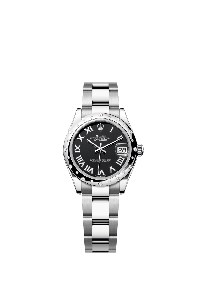 Rolex Datejust 31, Oyster, 31 mm, Oystersteel, white gold and diamonds, bright black dial