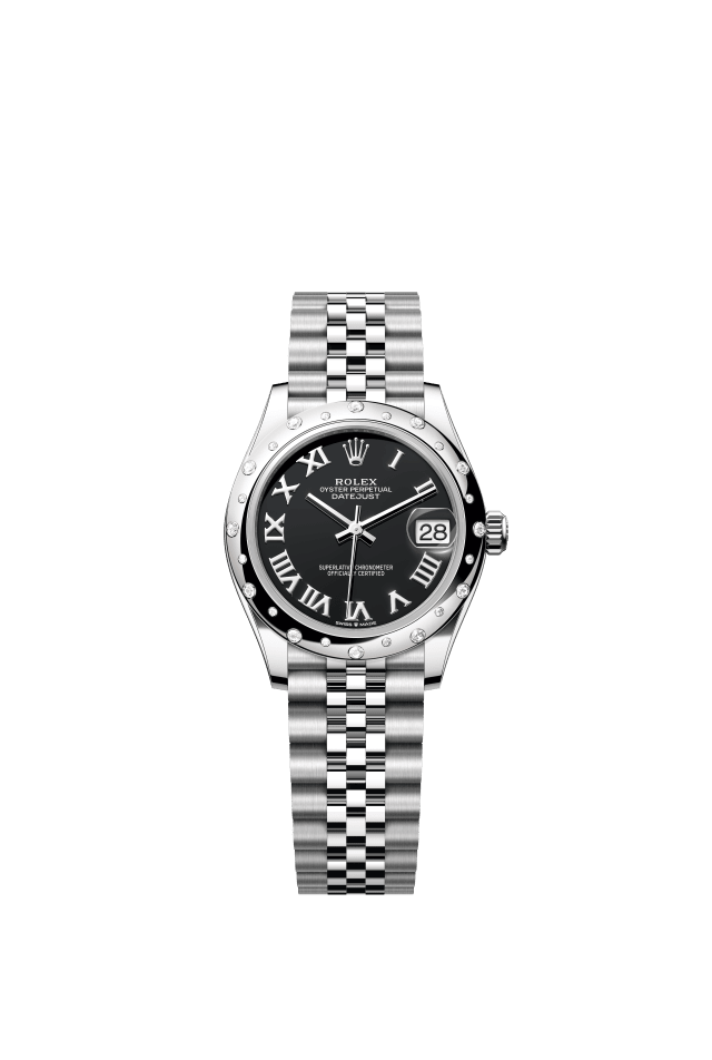 Rolex Datejust 31, Oyster, 31 mm, Oystersteel, white gold and diamonds, bright black dial