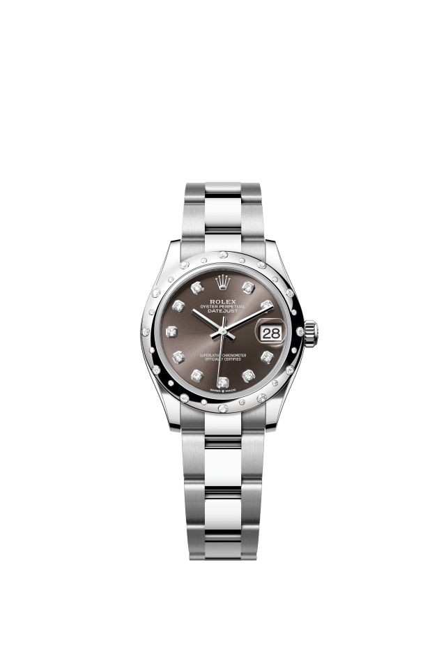Rolex Datejust 31, Oyster, 31 mm, Oystersteel, white gold and diamonds, dark grey set with diamonds dial