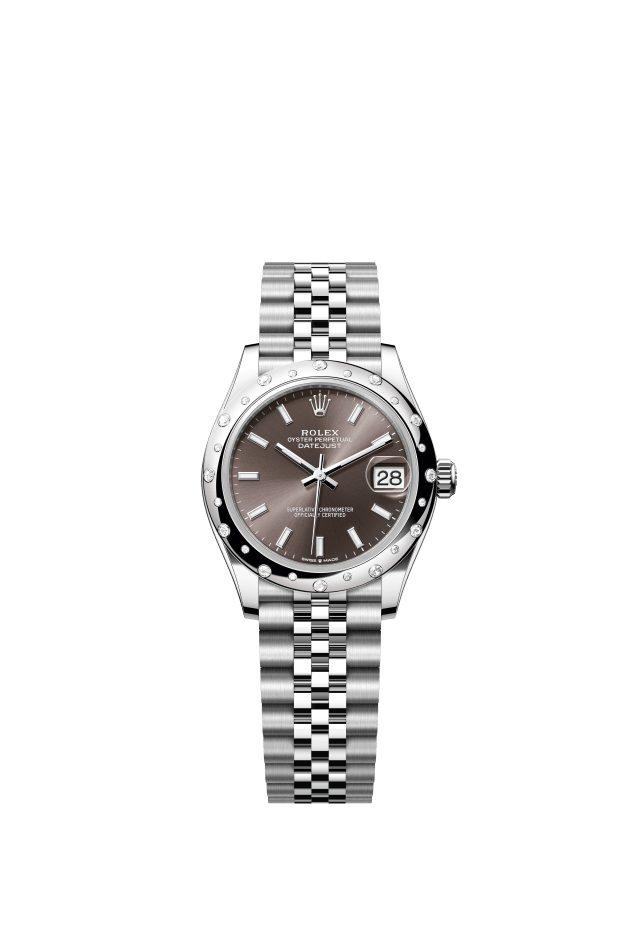 Rolex Datejust 31, Oyster, 31 mm, Oystersteel, white gold and diamonds, dark grey dial