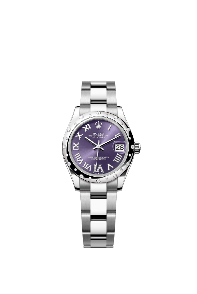 Rolex Datejust 31, Oyster, 31 mm, Oystersteel, white gold and diamonds, aubergine set with diamonds dial