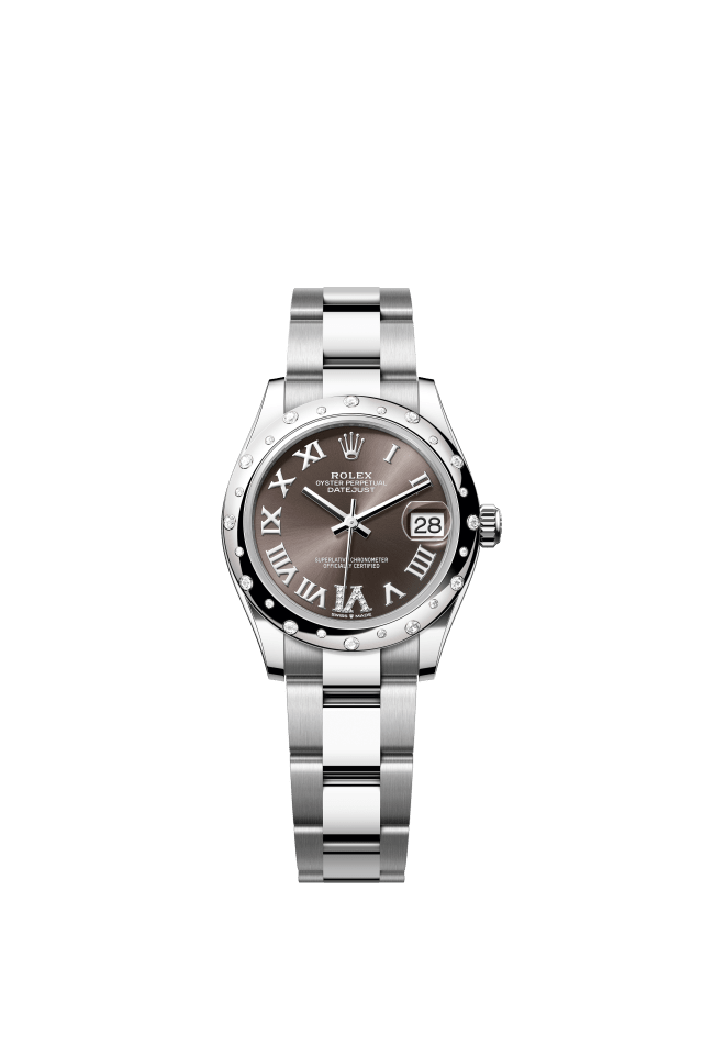 Rolex Datejust 31, Oyster, 31 mm, Oystersteel, white gold and diamonds, dark grey set with diamonds dial