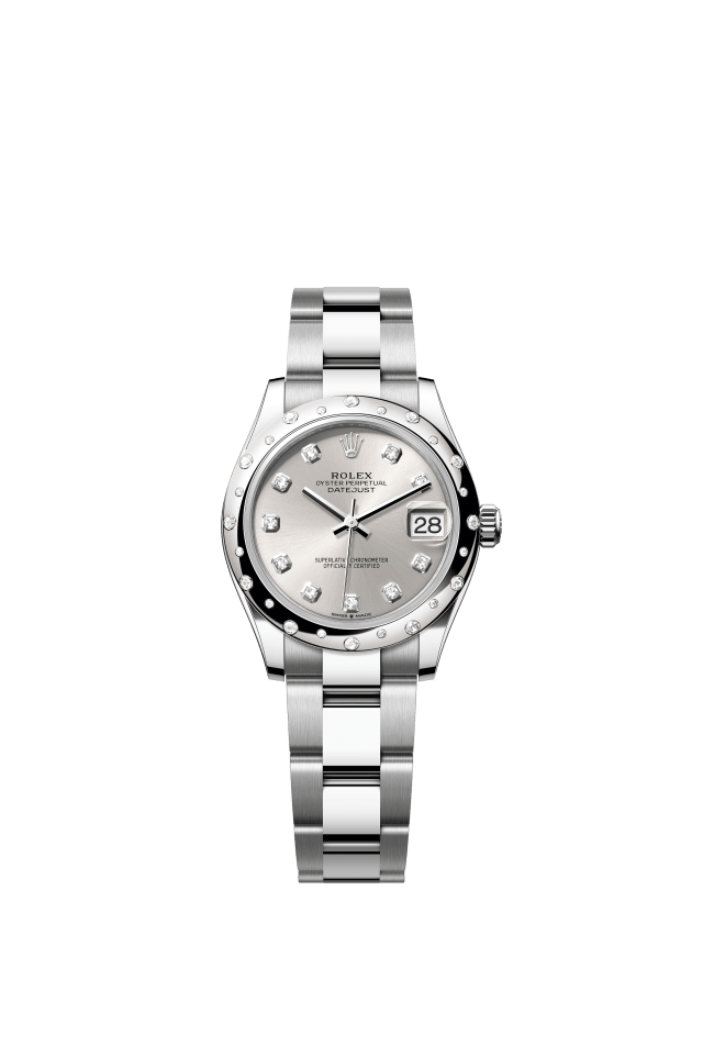 Rolex Datejust 31, Oyster, 31 mm, Oystersteel, white gold and diamonds, silver set with diamonds dial