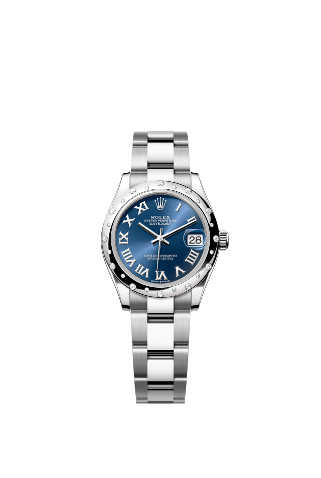 Rolex Datejust 31, Oyster, 31 mm, Oystersteel, white gold and diamonds, bright blue dial