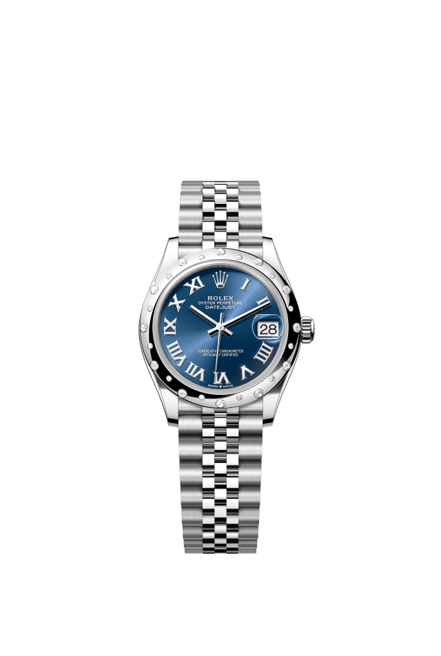 Rolex Datejust 31, Oyster, 31 mm, Oystersteel, white gold and diamonds, bright blue dial
