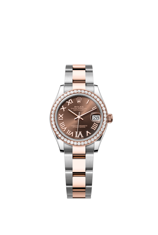 Rolex Datejust 31, Oyster, 31 mm, Oystersteel, Everose gold and diamonds, chocolate set with diamonds dial