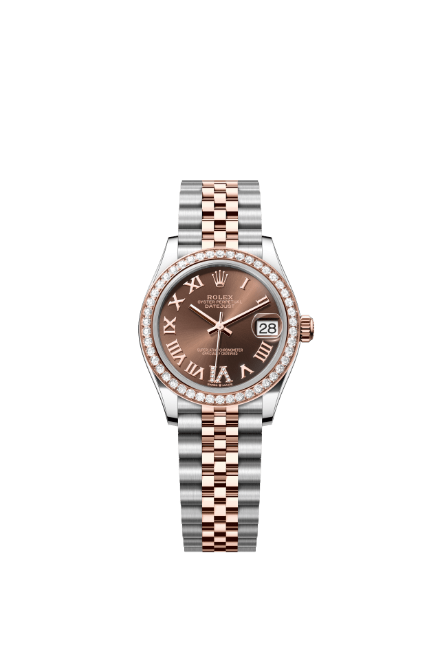 Rolex Datejust 31, Oyster, 31 mm, Oystersteel, Everose gold and diamonds, chocolate set with diamonds dial