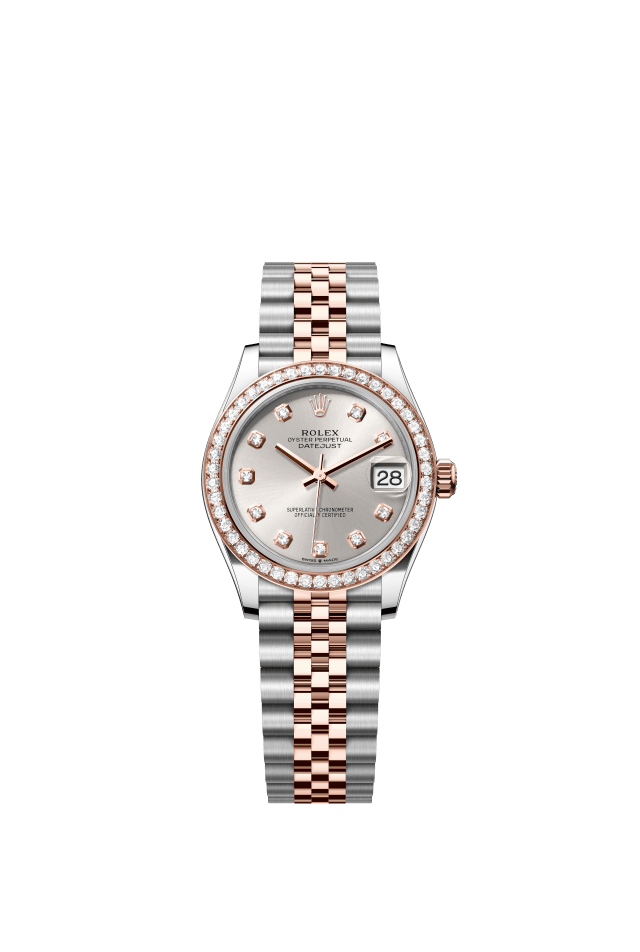 Rolex Datejust 31, Oyster, 31 mm, Oystersteel, Everose gold and diamonds, silver set with diamonds dial