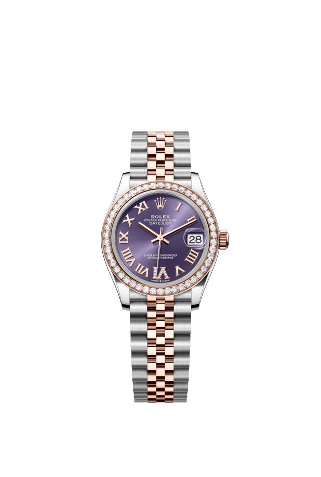 Rolex Datejust 31, Oyster, 31 mm, Oystersteel, Everose gold and diamonds, aubergine set with diamonds dial