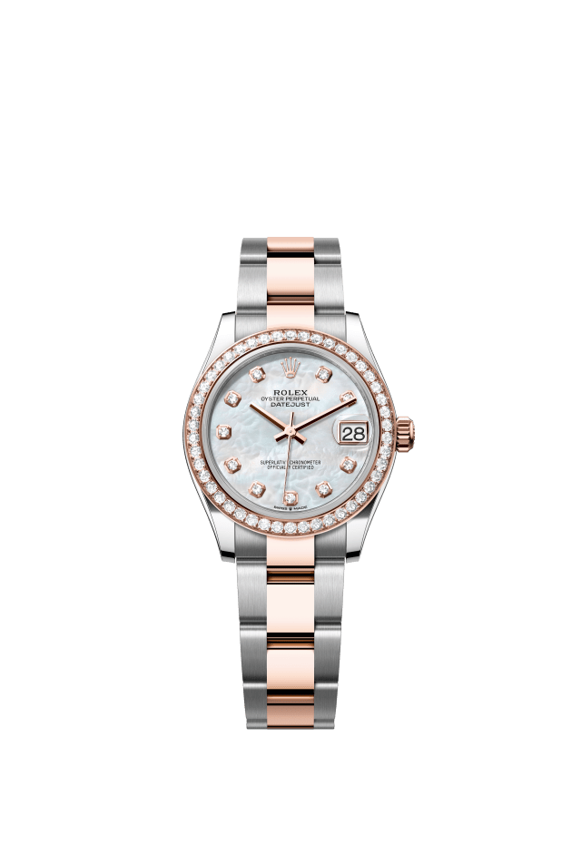 Rolex Datejust 31, Oyster, 31 mm, Oystersteel, Everose gold and diamonds, white mother-of-pearl set with diamonds dial