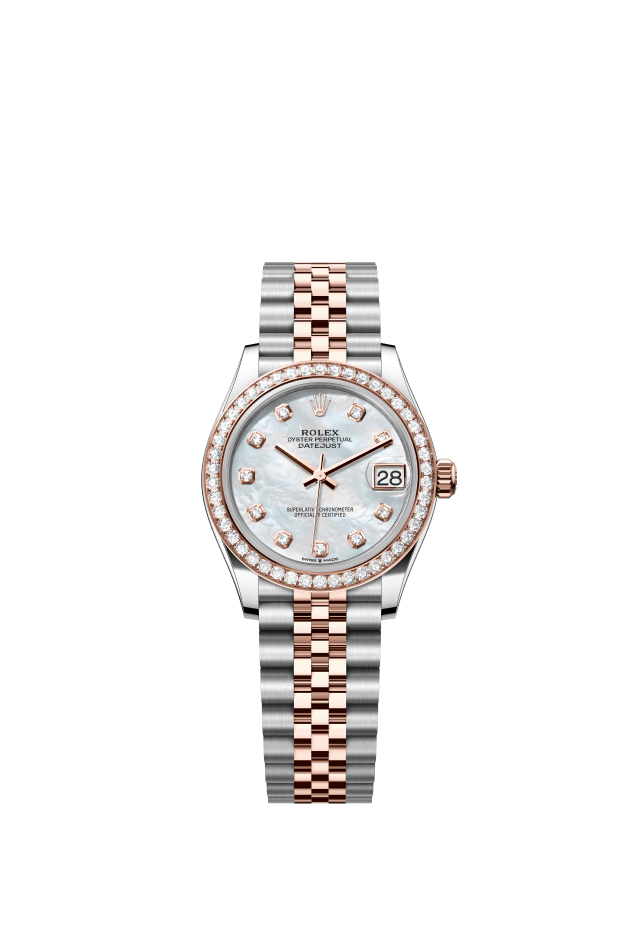 Rolex Datejust 31, Oyster, 31 mm, Oystersteel, Everose gold and diamonds, white mother-of-pearl set with diamonds dial