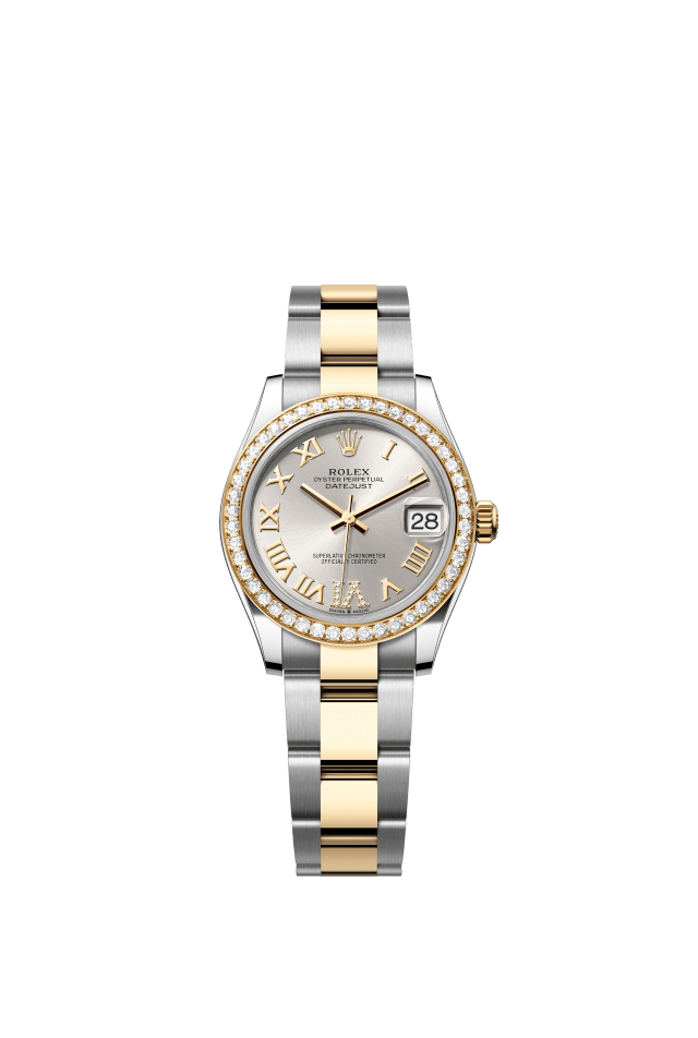 Rolex Datejust 31, Oyster, 31 mm, Oystersteel, yellow gold and diamonds, silver set with diamonds dial