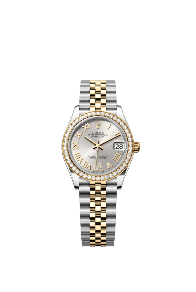 Rolex Datejust 31, Oyster, 31 mm, Oystersteel, yellow gold and diamonds, silver set with diamonds dial