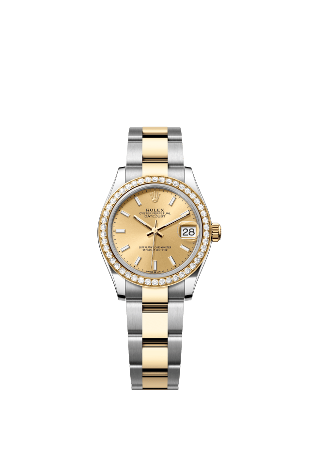 Rolex Datejust 31, Oyster, 31 mm, Oystersteel, yellow gold and diamonds, champagne-colour dial