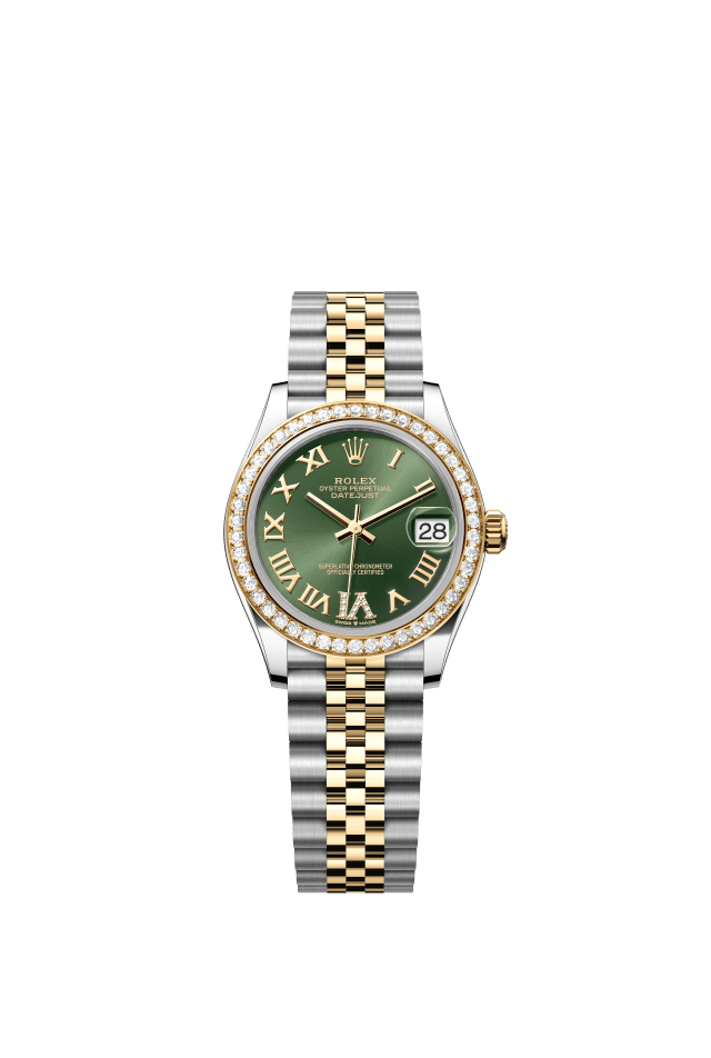 Rolex Datejust 31, Oyster, 31 mm, Oystersteel, yellow gold and diamonds, olive green set with diamonds dial