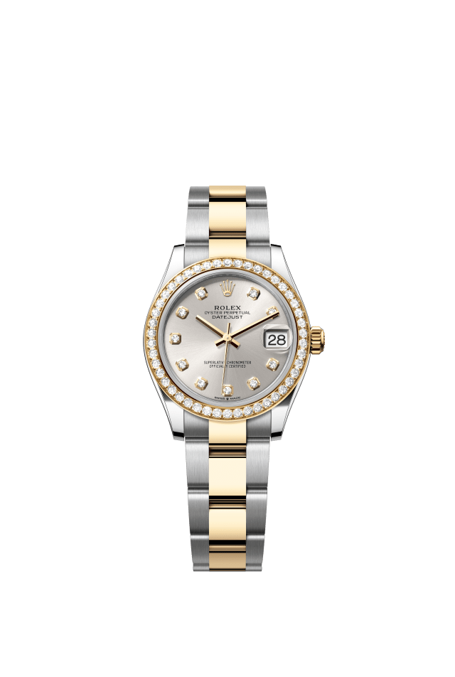 Rolex Datejust 31, Oyster, 31 mm, Oystersteel, yellow gold and diamonds, silver set with diamonds dial